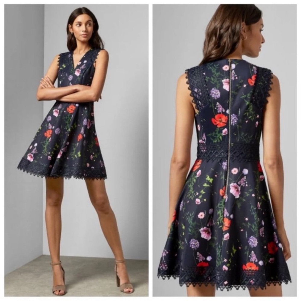 Ted Baker Mayo Hedgerow V-Neck Navy Floral Dress Sz 0
